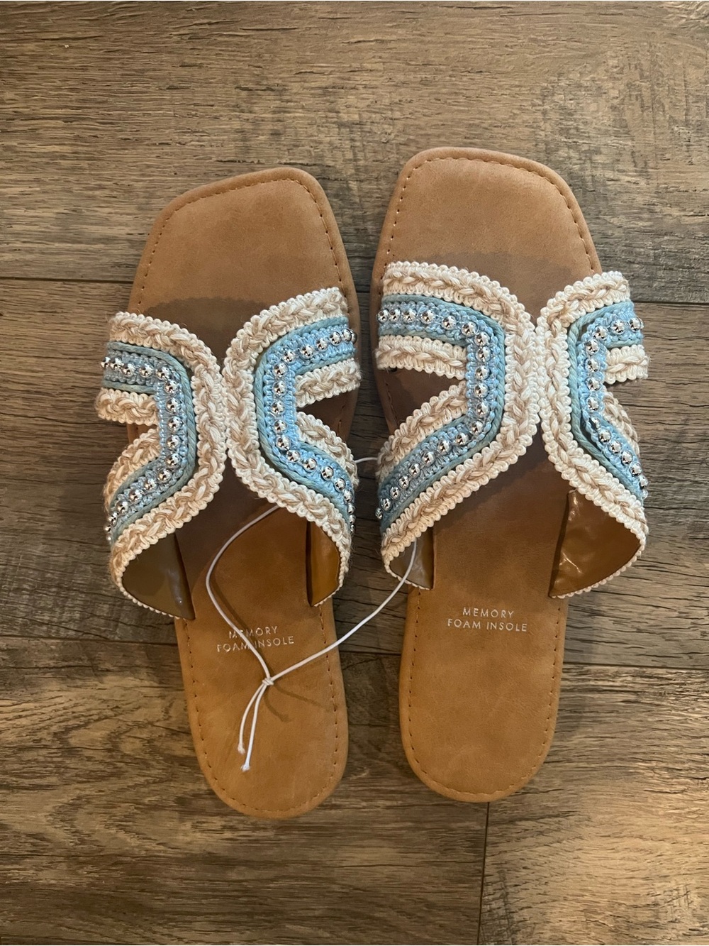 Size 9 memory foam sole denim studded sandals costal vibes